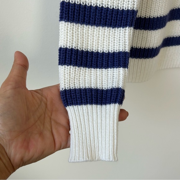 NWT Loft Women’s Blue Ivory Striped Collared Lace Up Tie Neck Knit Sweater Sz XS - Picture 6 of 9